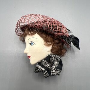 Vintage Ceramic Lady Face Brooch Rose Feather Hat Scarf Handpainted Unmarked
